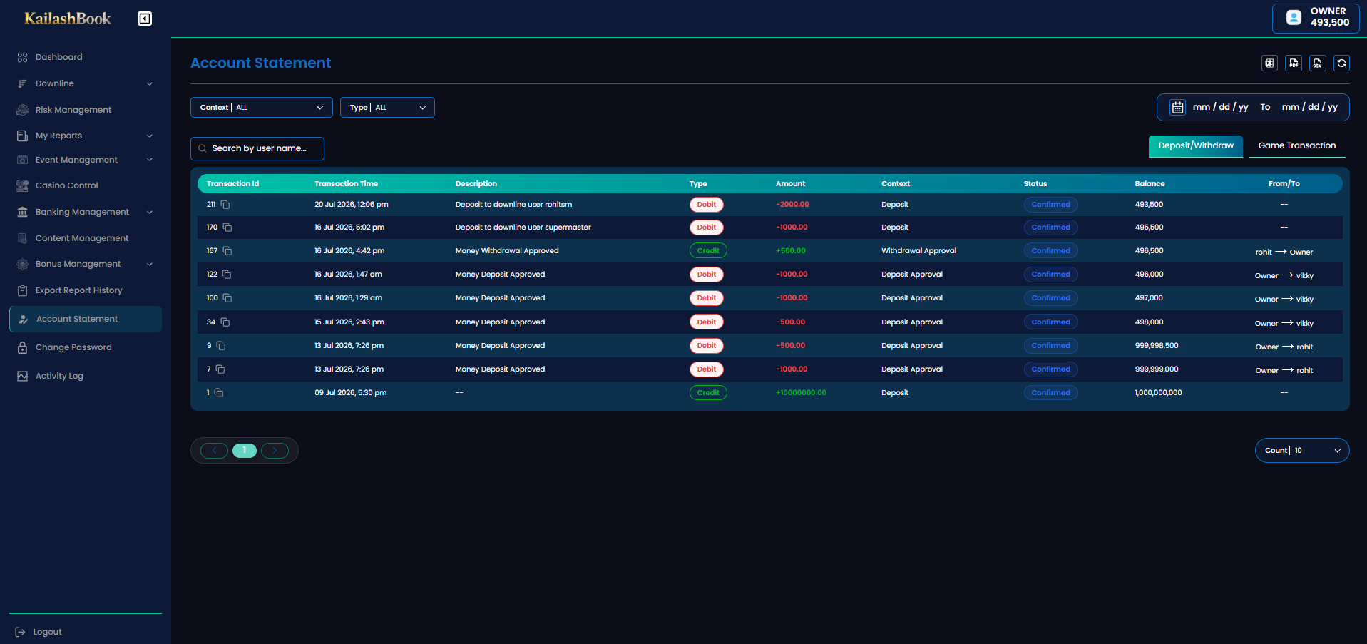 Account Statement — Deposit/Withdraw view