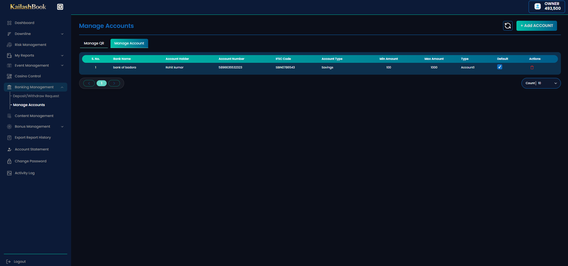 Manage Account listing