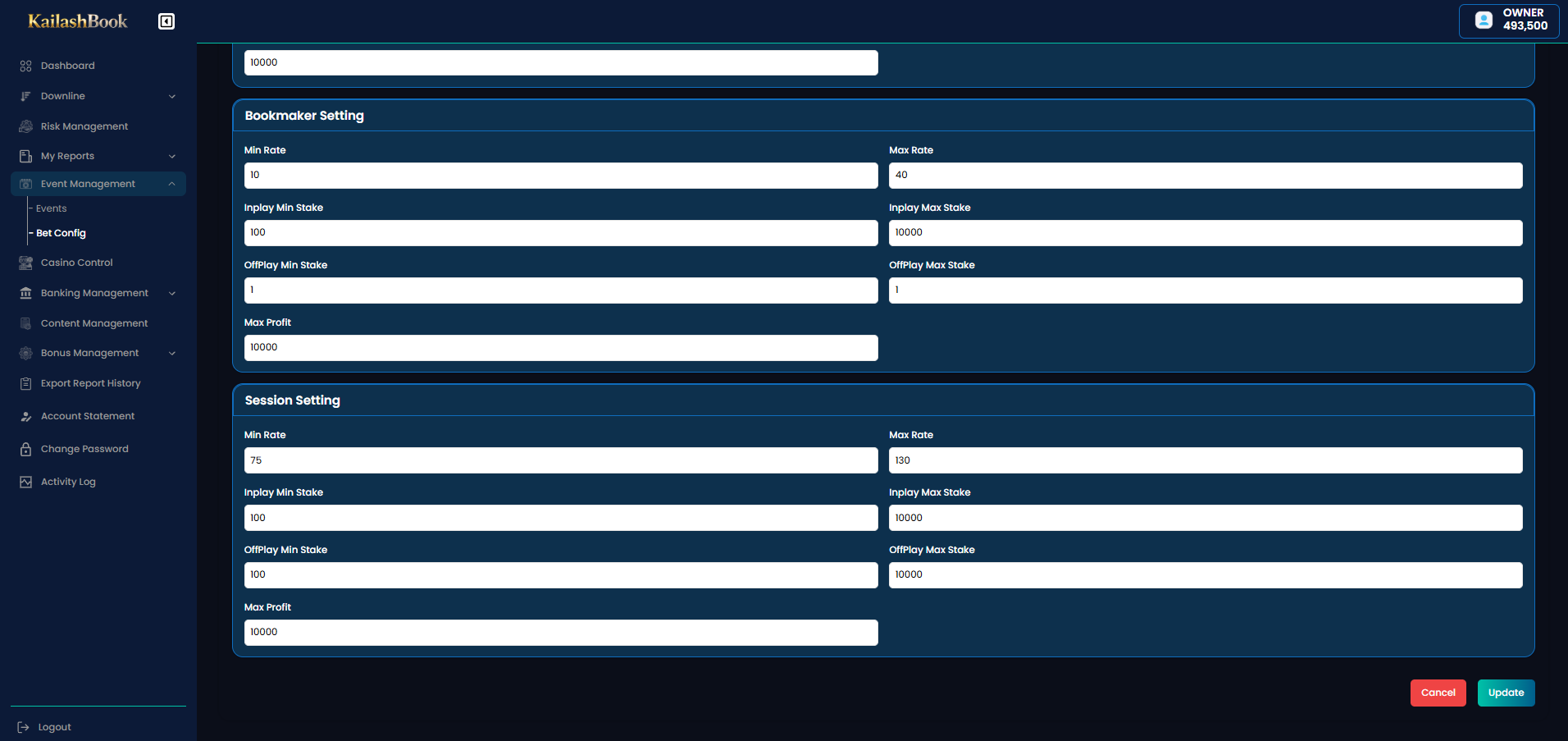 Default Setting — Bookmaker and Session Setting sections