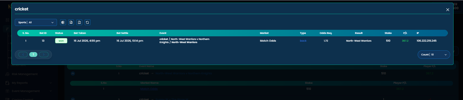 Bet detail modal