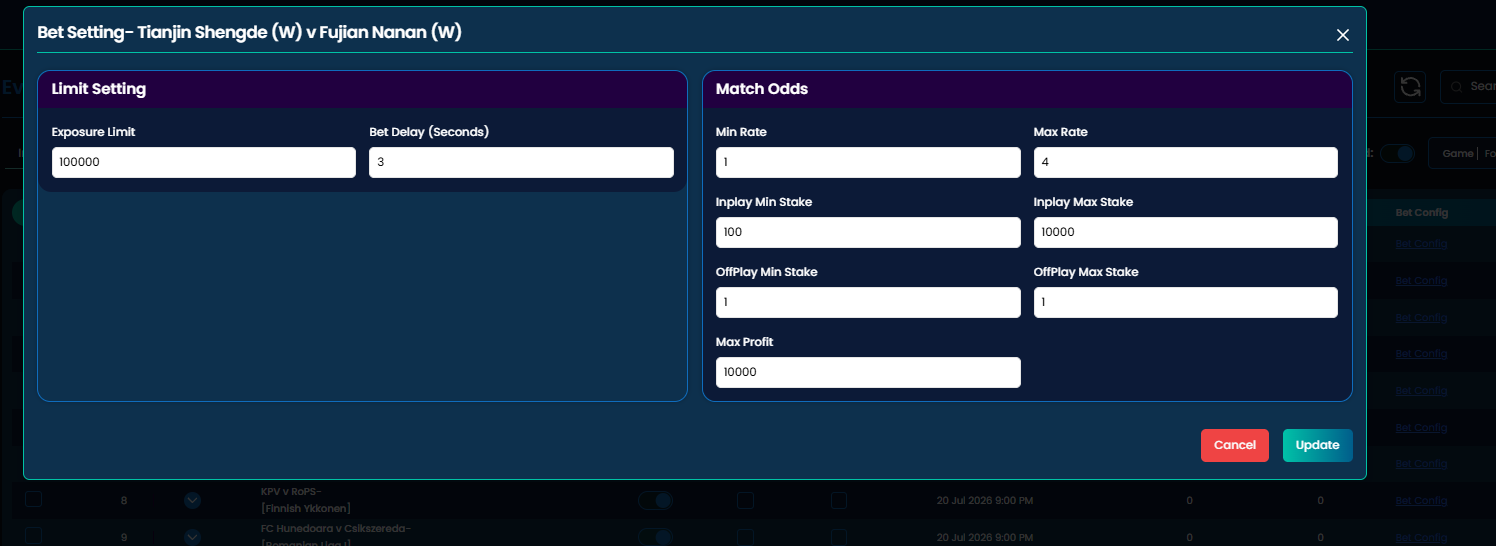 Bet Setting modal