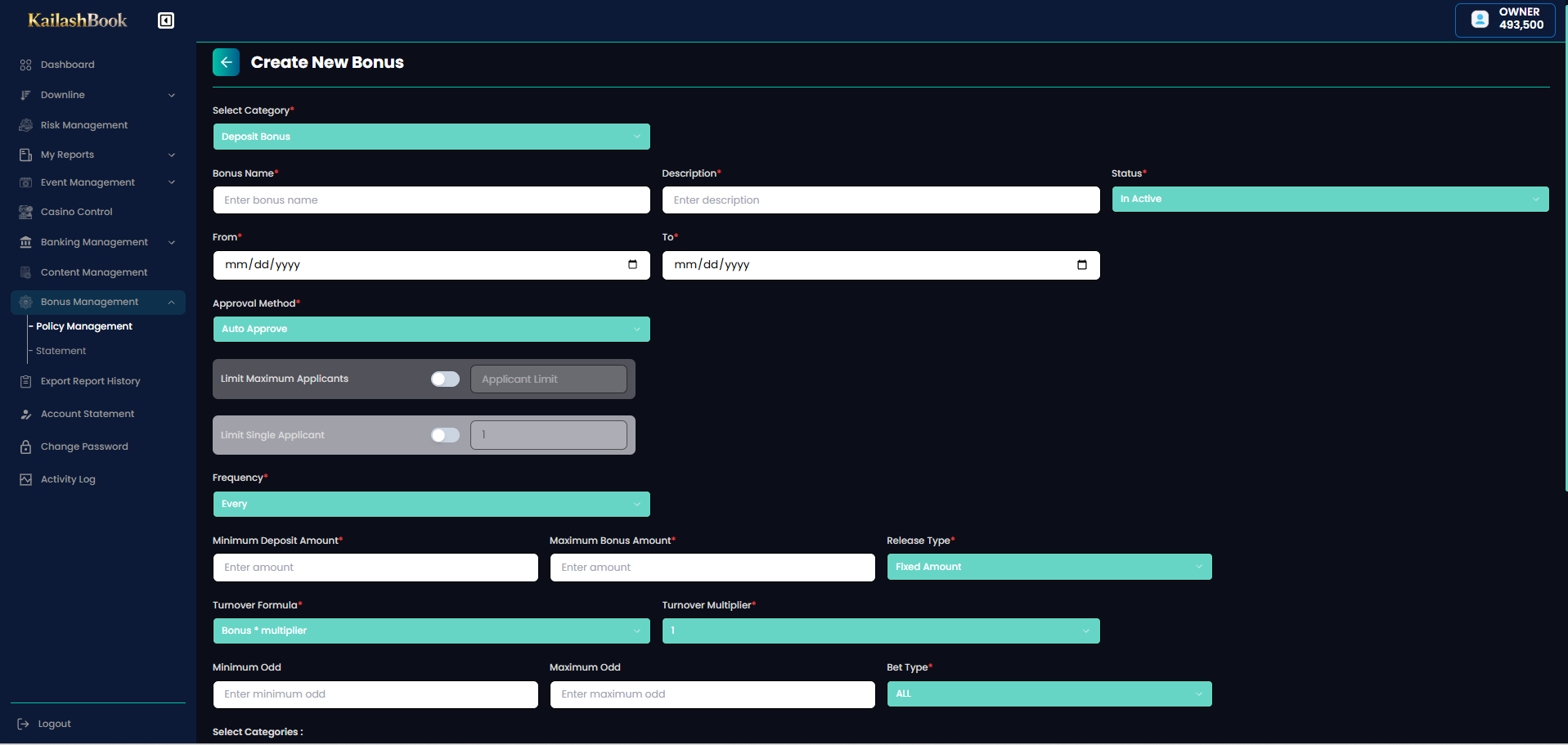 Create New Bonus — Deposit Bonus