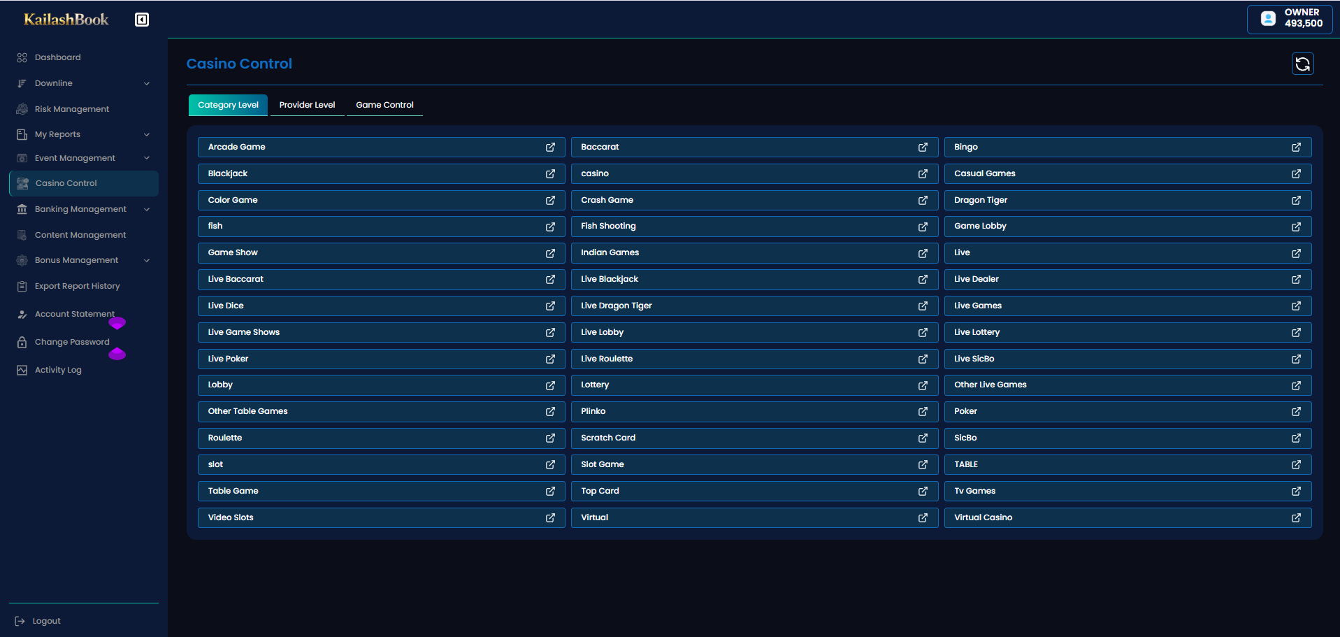 Casino Control — Category Level tab