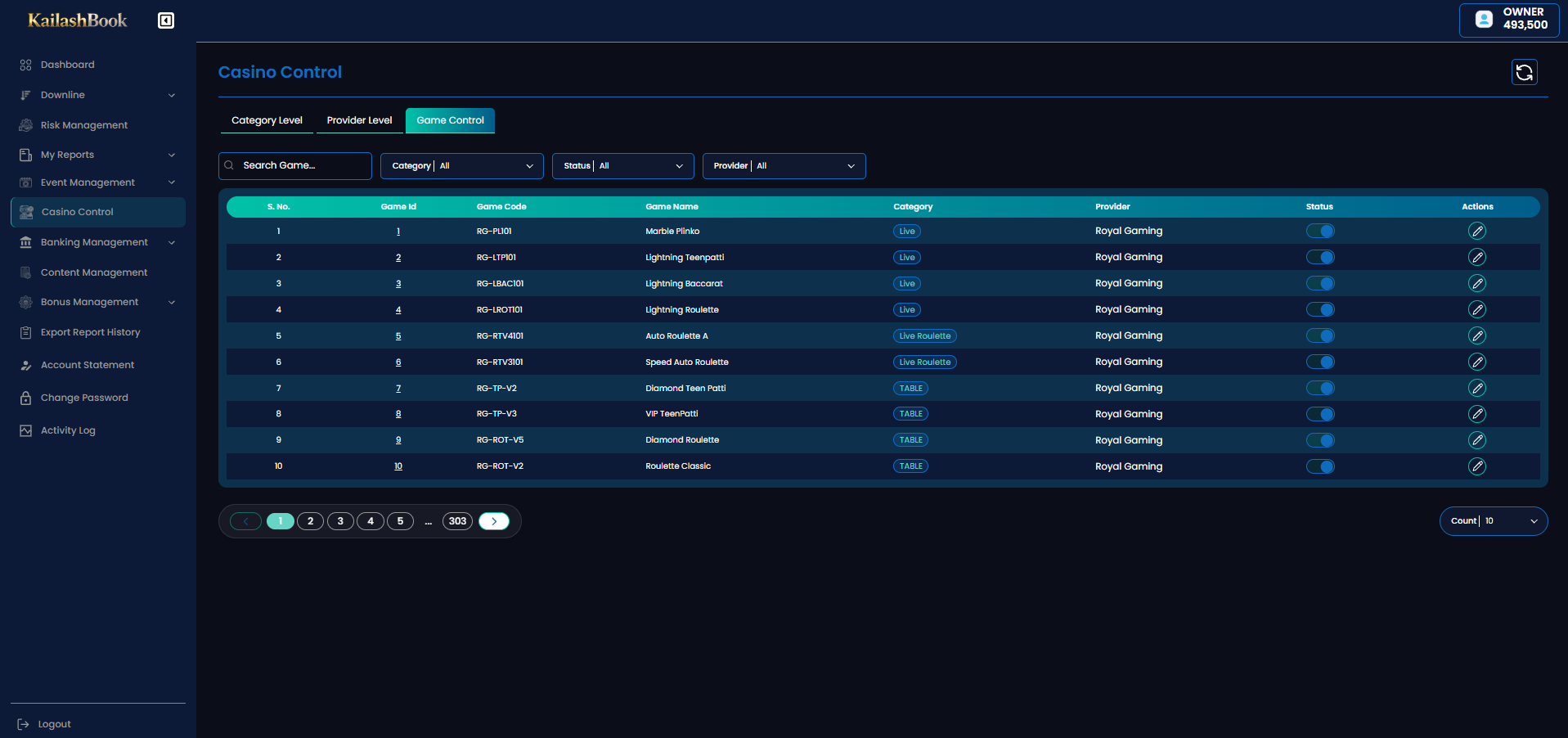 Casino Control — Game Control tab