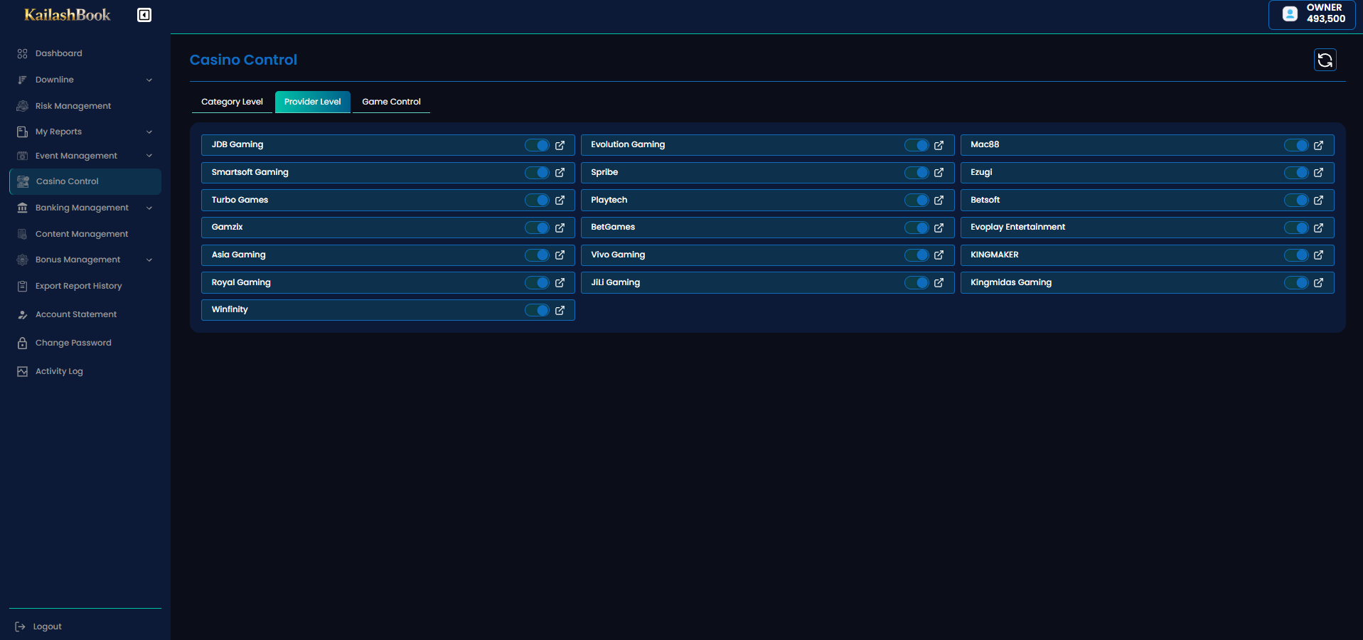 Casino Control — Provider Level tab