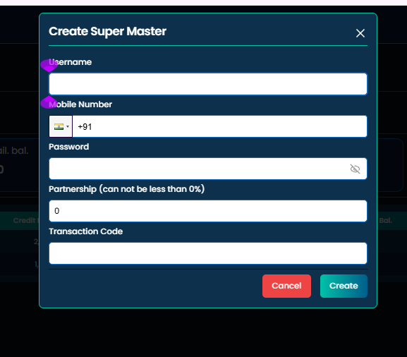 Create Super Master modal