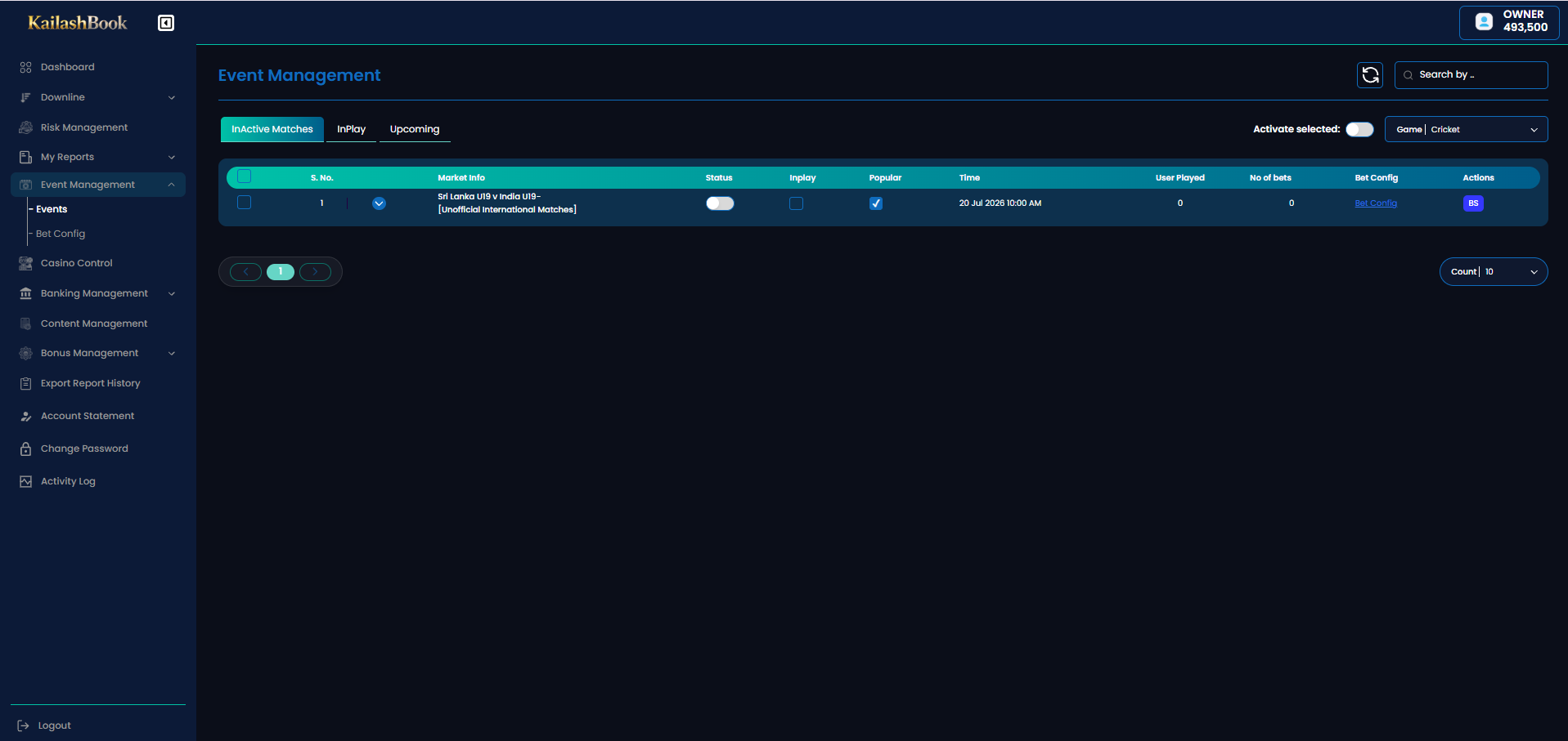 Event Management InActive Matches tab