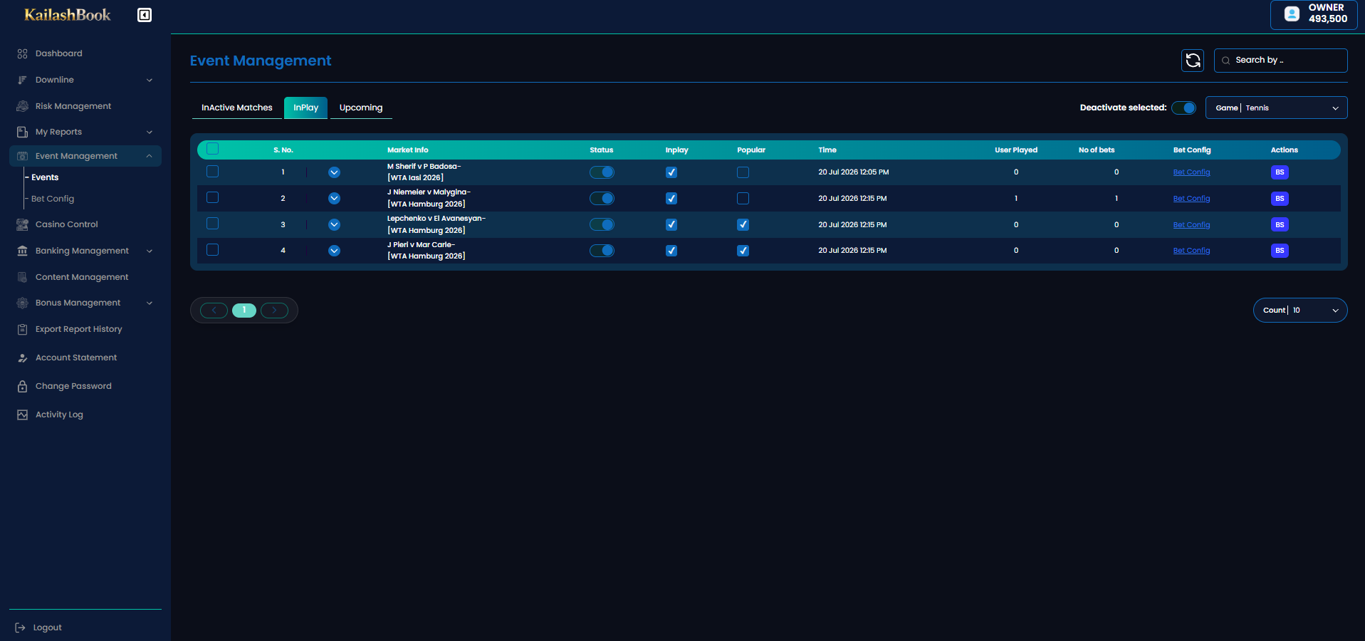 Event Management InPlay tab