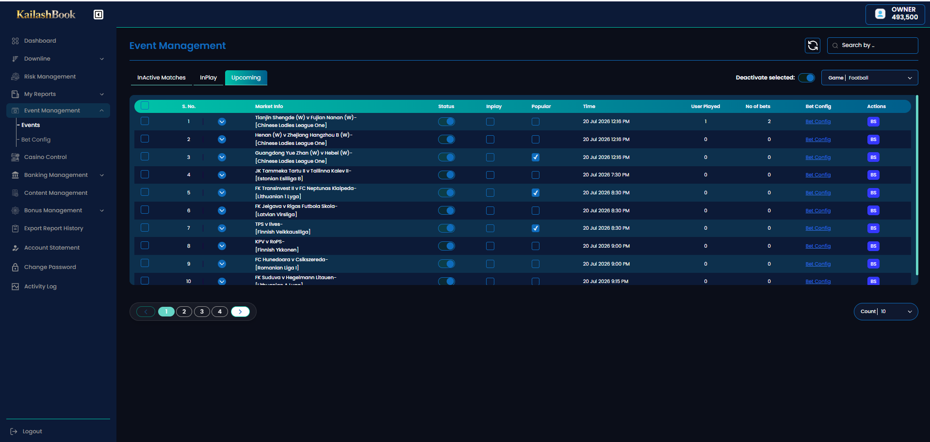 Event Management Upcoming tab