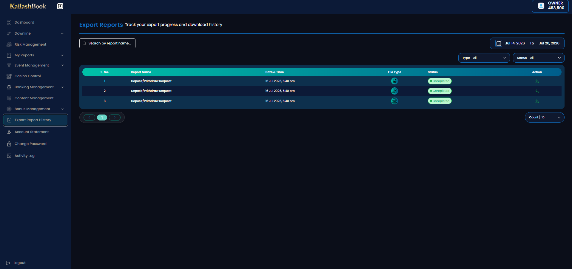 Export Reports listing
