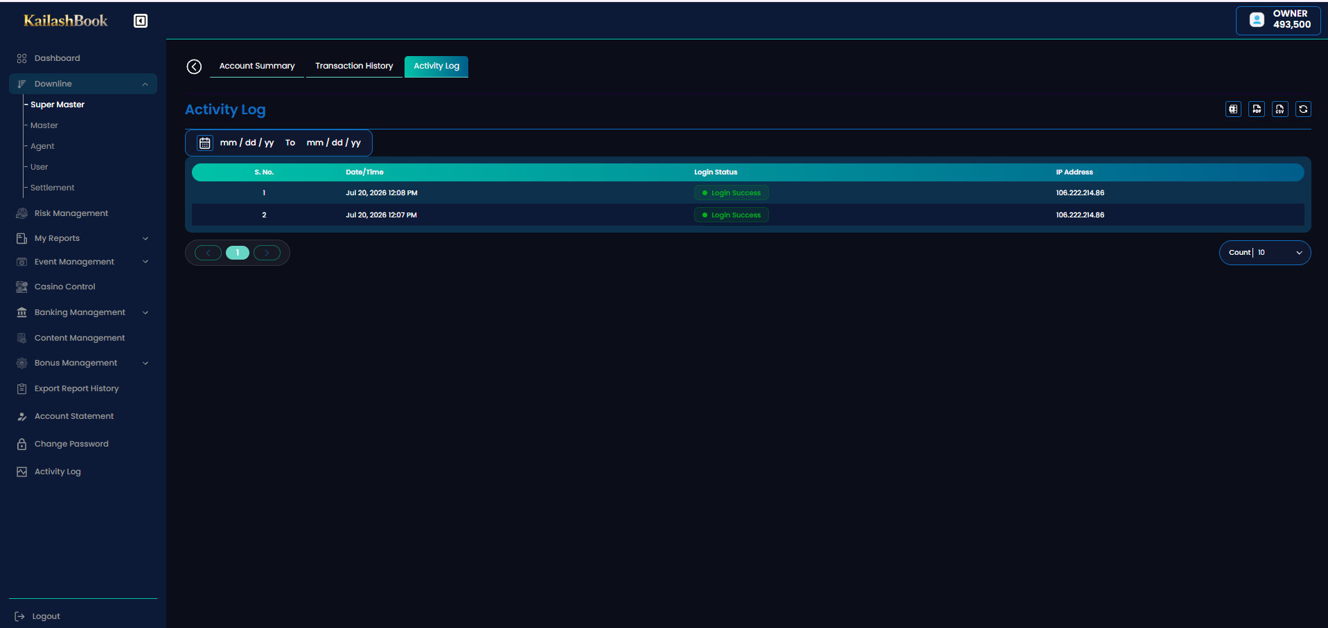 Downline profile — Activity Log tab
