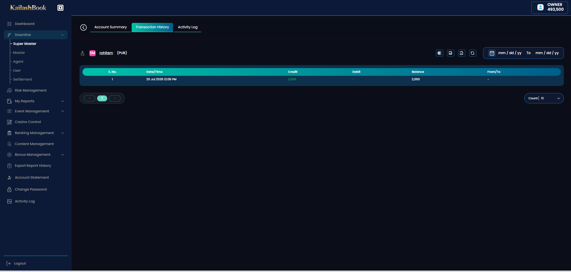 Downline profile — Transaction History tab