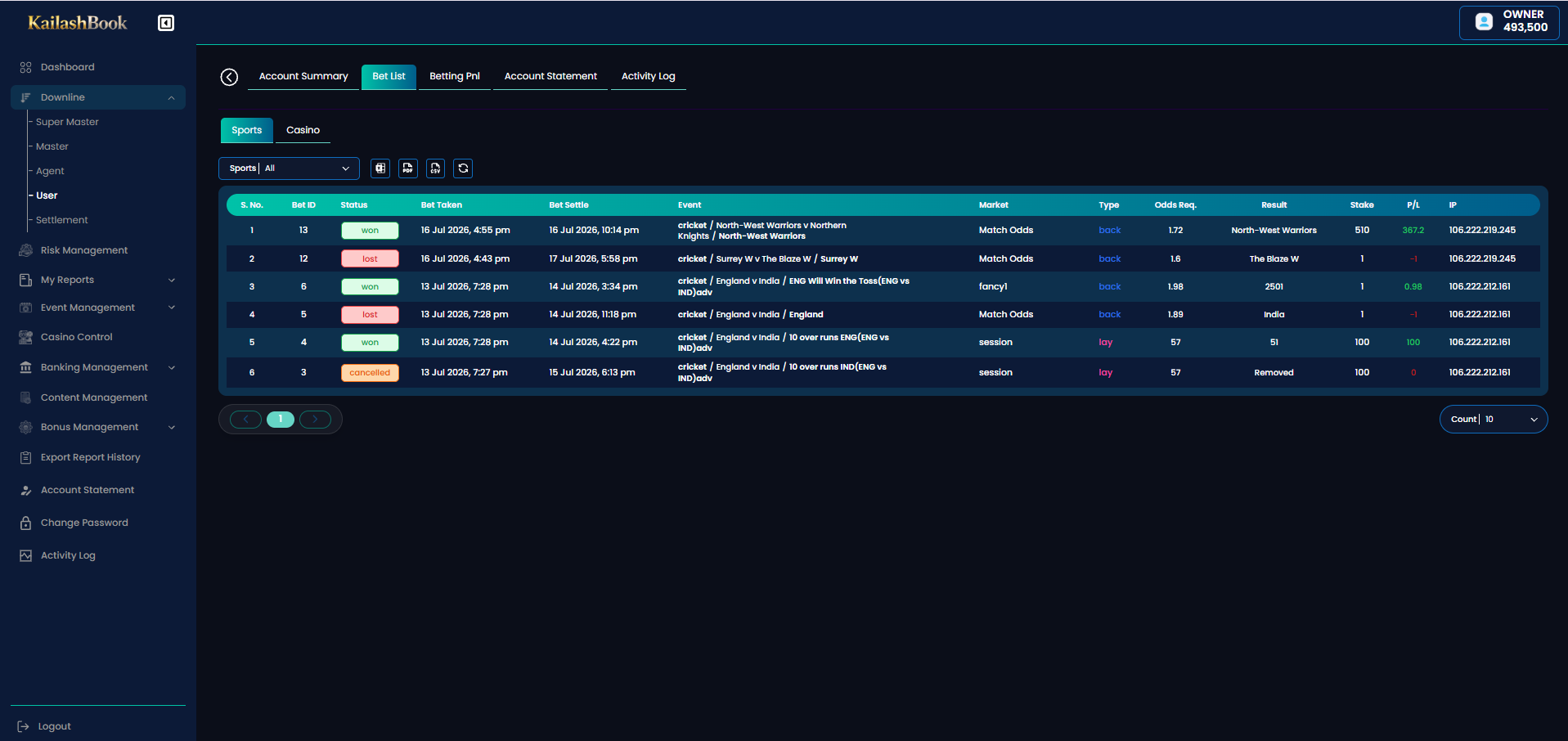 End user profile — Bet List tab
